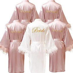 Women FEATHER Bride Bridesmaid Wedding Robe Satin Kimono Bathrobe Gown Nightwear Embroidery Letter Nightgown V-Neck Lingerie