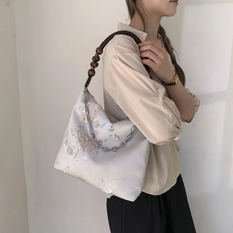 Sophisticated Bucket Bag With Nylon Embroidery Shoulder Bags Elegant Underarm Handbag Perfect for Stylish Women