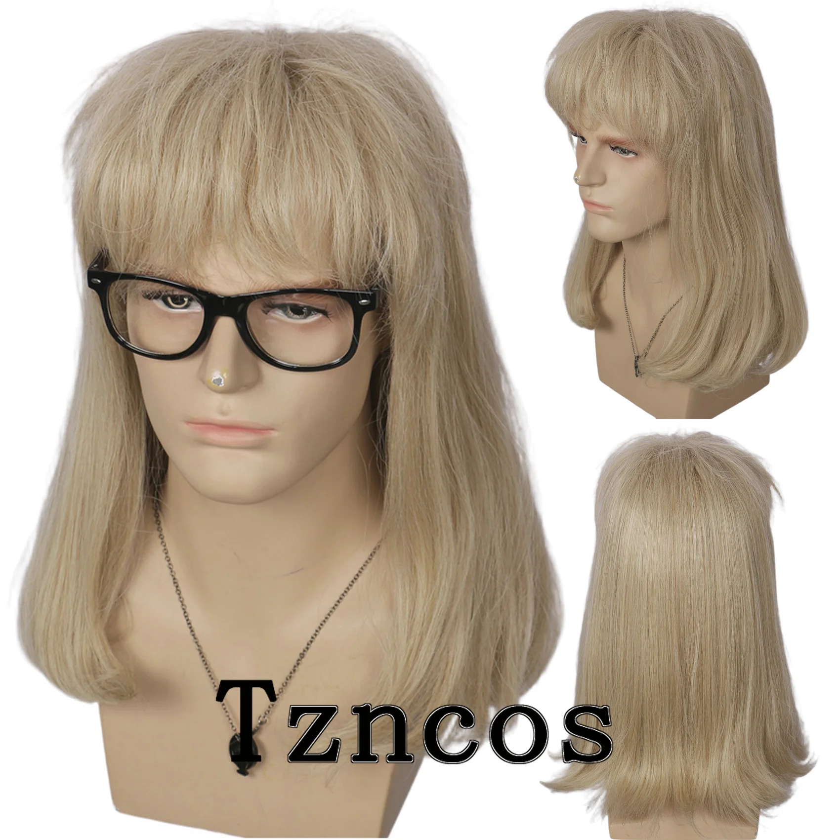 

Tzncos Synthetic Long Blonde Straight Wig With Glasses 80s Heavy Metal Punk Wig For Halloween Anime Cosplay Wig