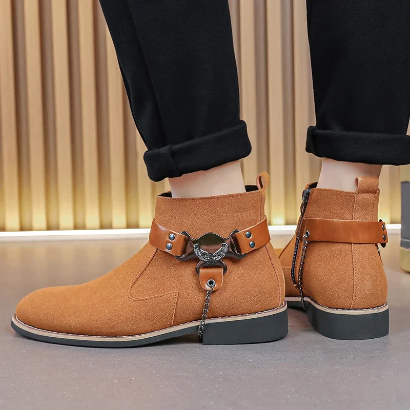 Men Boots Faux Suede Side Zipper Metal Chain Decoration Comfortable Breathable Business Casual Men Boots Large Size 38-48