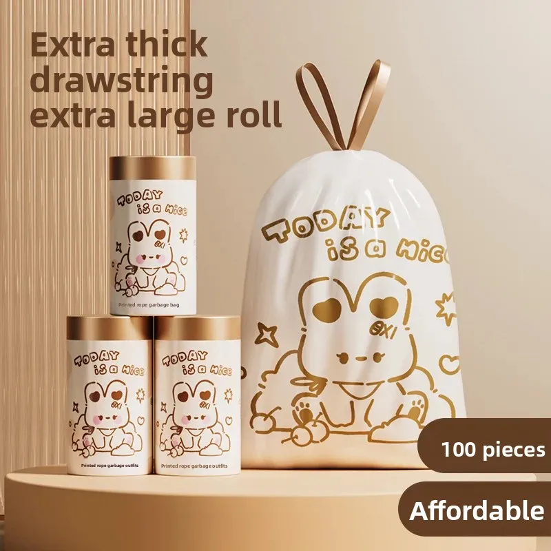 100 قطعة كيس قمامة برباط مطبوع عليه رسوم كرتونية ، كيس قمامة منزلي للاستعمال مرة واحدة ، كيس قمامة لتخزين المطبخ