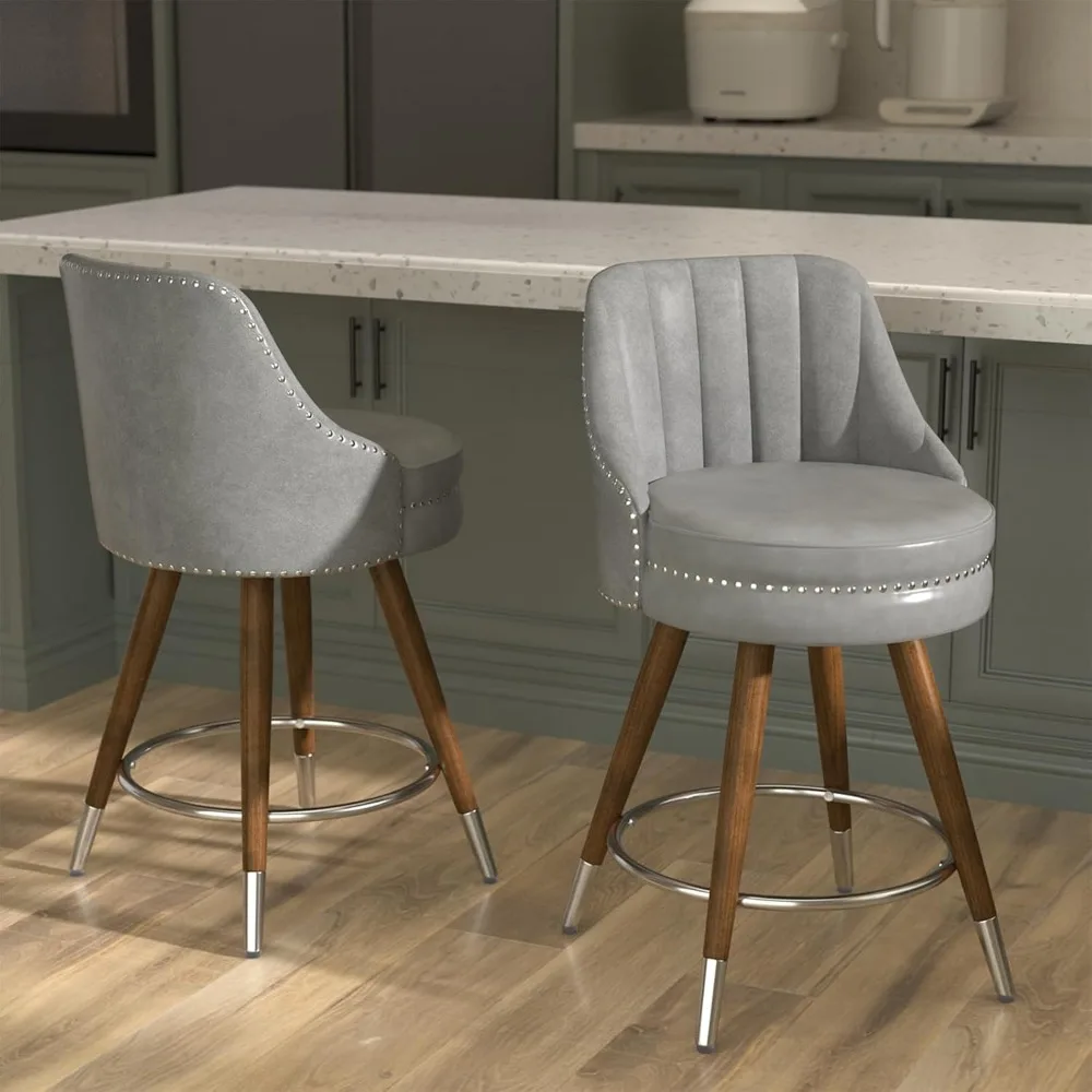 

Counter Height Bar Stools Set of 2, 24" Leather Bar Stools with Backs, Swivel Counter Stools with Wooden Legs for Kitchen, Dinin