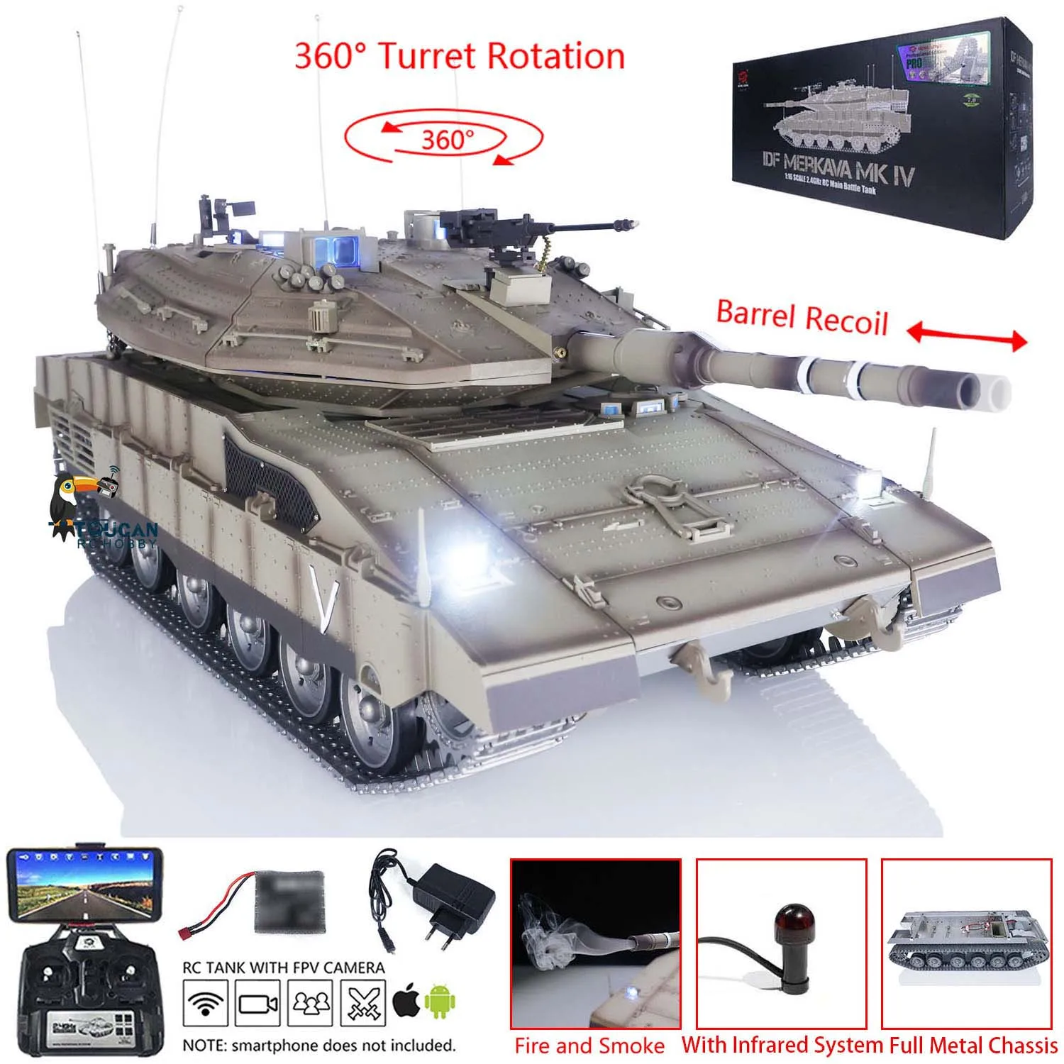 

Toys Heng Long 1/16 Military RC Battle Tank IDF Merkava MK IV Full Metal Chassis 3958 Recoil Barrel TK7.0 Barrel Smoking TH22679