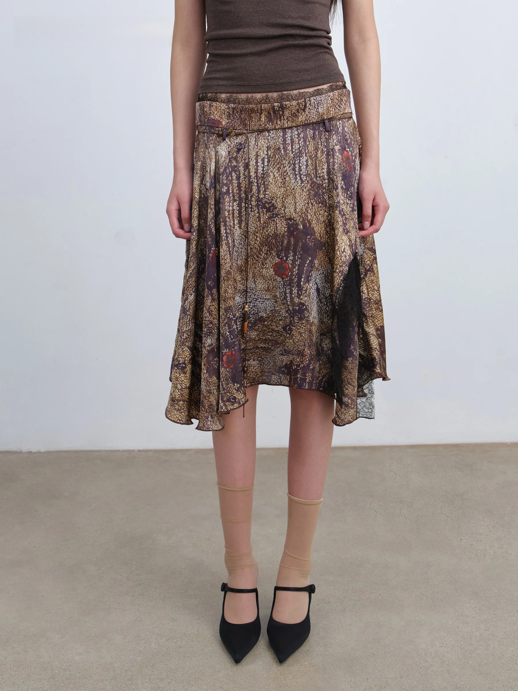 VERMO Mid-Length Half Skirt with Leopard And Rose Print Retro Lace Splicing Silk Ribbon Bowed Low Waist Asymmetrical Skirt