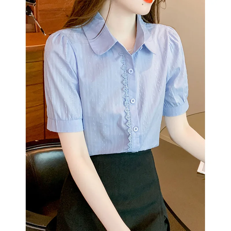 Lace Patchwork Button Youth Blouse Summer New Short Sleeve Solid Color Thin Temperament Shirt Tops Korean Fashion Women Clothing