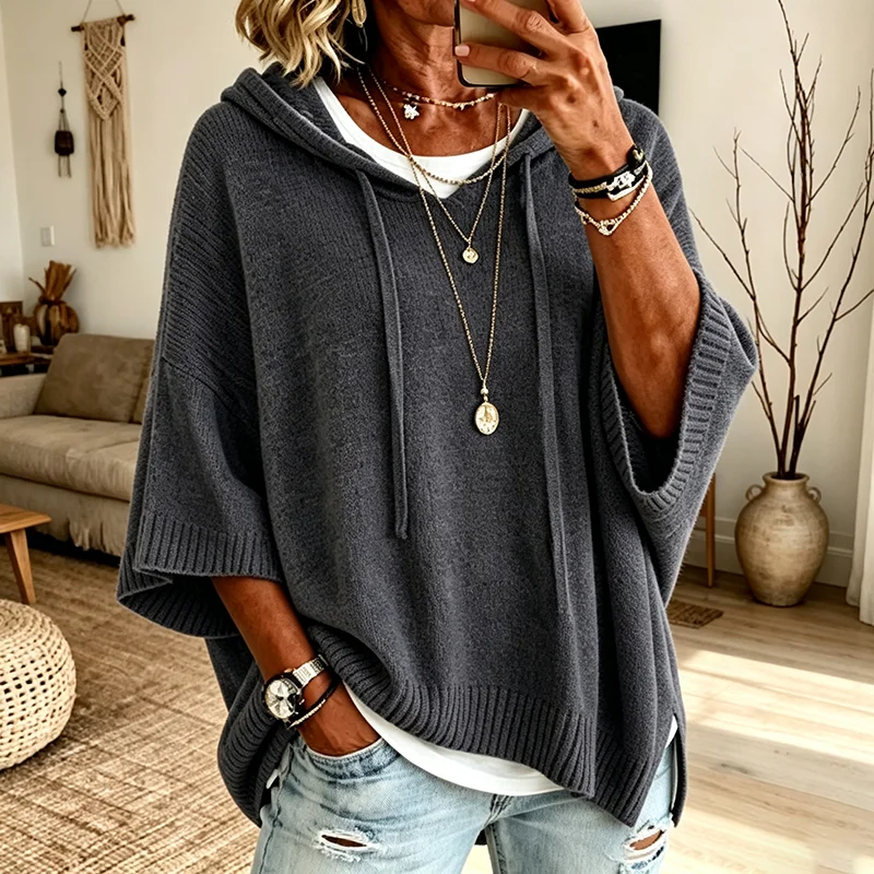 Fashion Women's Oversized Drawstring Hooded Sweater Autumn Batwing Sleeve Pullover Soft Solid Color Loose Casual Daily Knit Tops