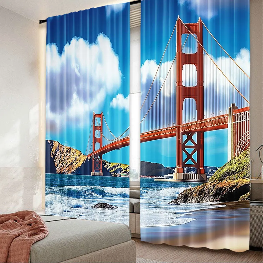 2Pcs Landscape Curtain San Francisco Golden Gate Bridge Rocky Sea Waterscape Scenic Coastline Vacation Suitable For Bedroom A