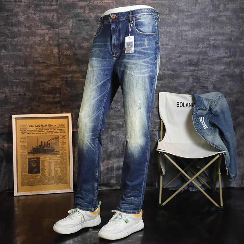 Newly Fashion Designer Men Jeans High Quality Retro Blue Elastic Slim Fit Ripped Jeans Men Vintage Trousers Straight Denim Pants