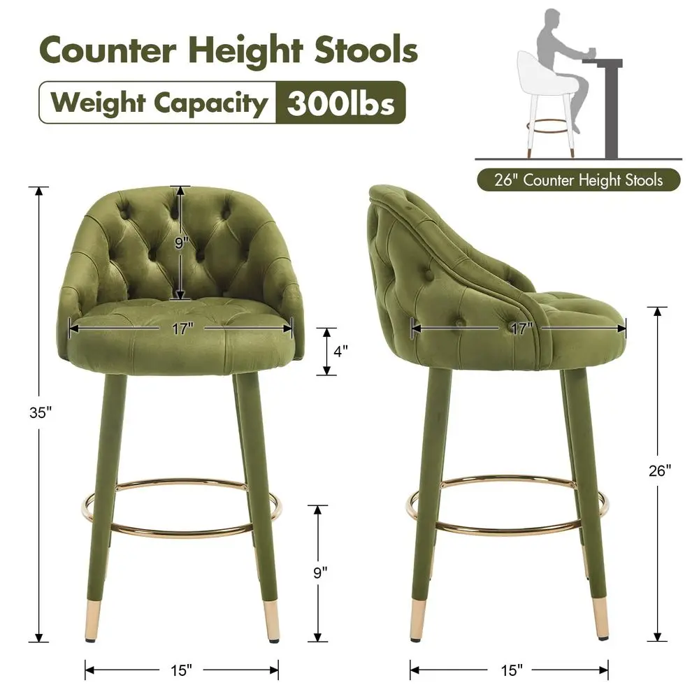 

Green Bar Stools Set of 4, Upholstered Velvet Counter Height Bar Stool with Wood Legs, Botton Tufted Barstools, Mid Century -HOT