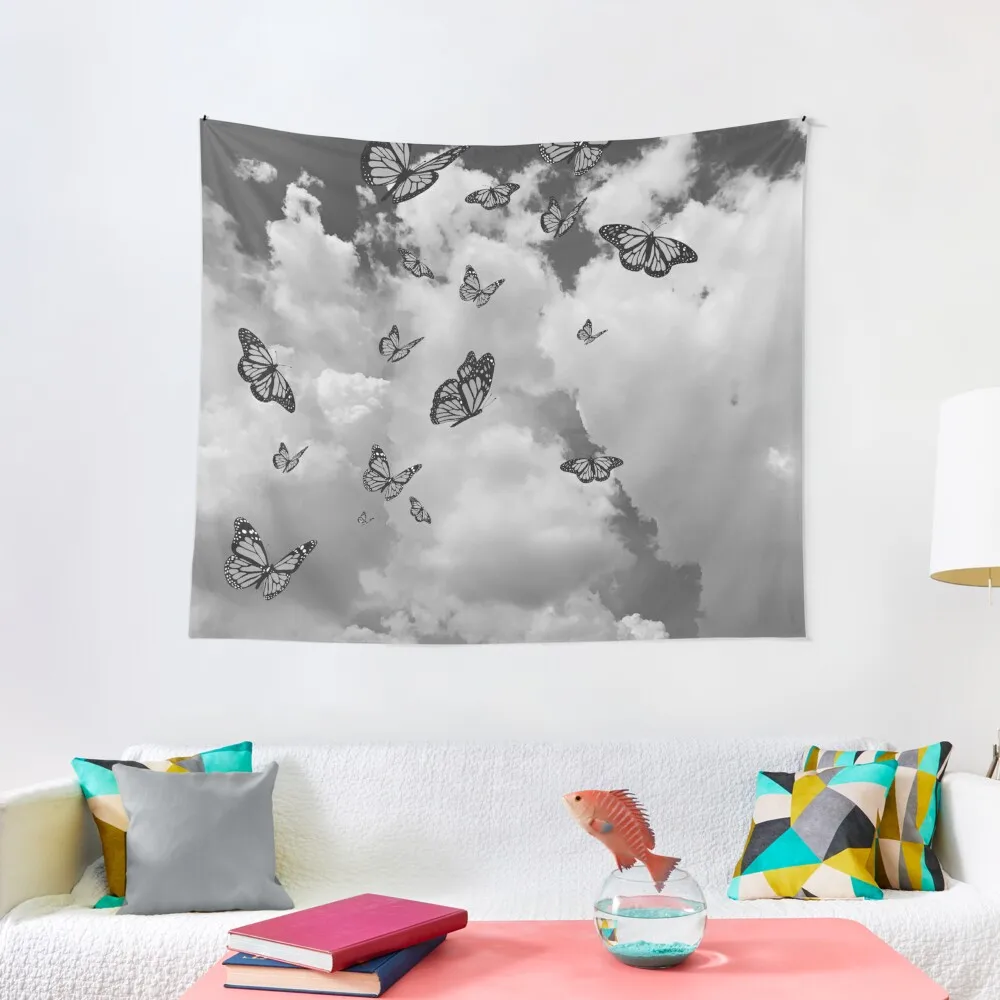 Monarch butterflies flying in the sky (Black and white) - Photography and illustration Tapestry Bedroom Decor Aesthetic Tapestry