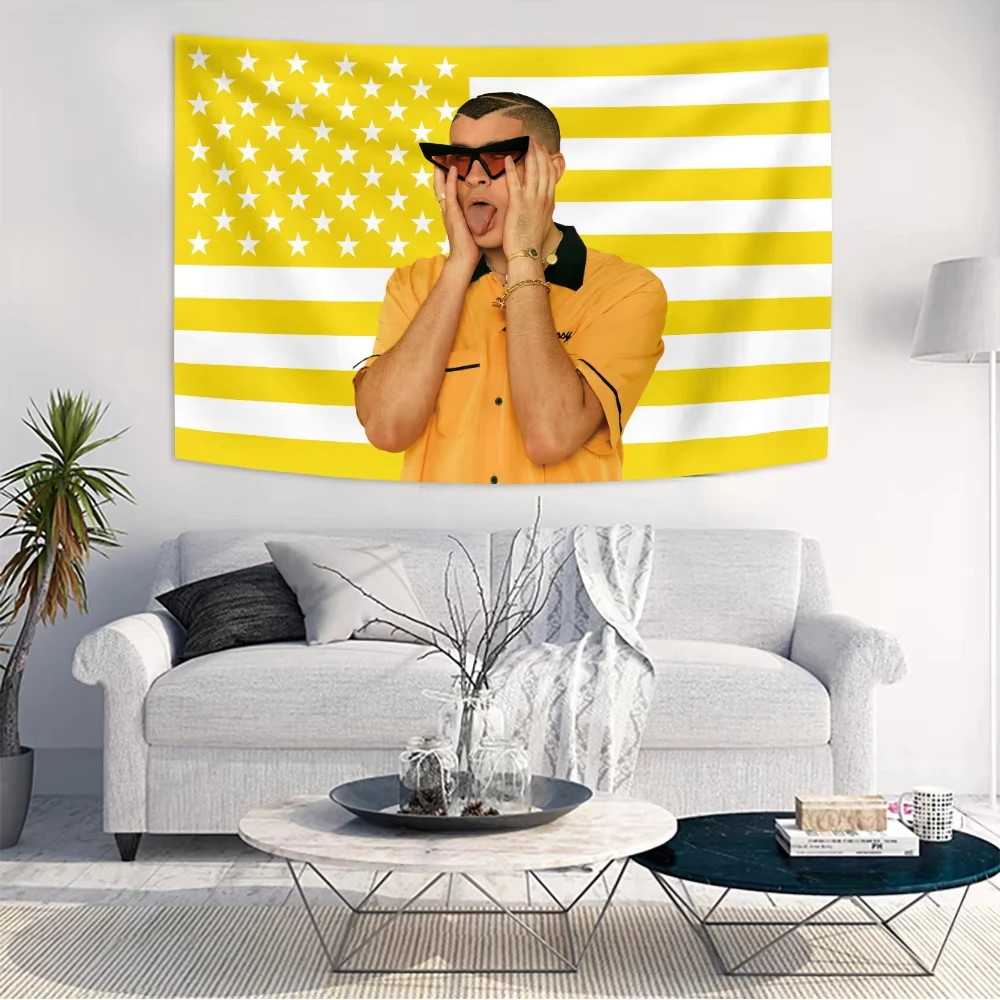 Bad Bunny Wandteppich, gelbe Flaggen, ästhetische Raumdekoration, Regalos, Wandbehang, Poster, Dekoration, Habitación, Hauswandteppich