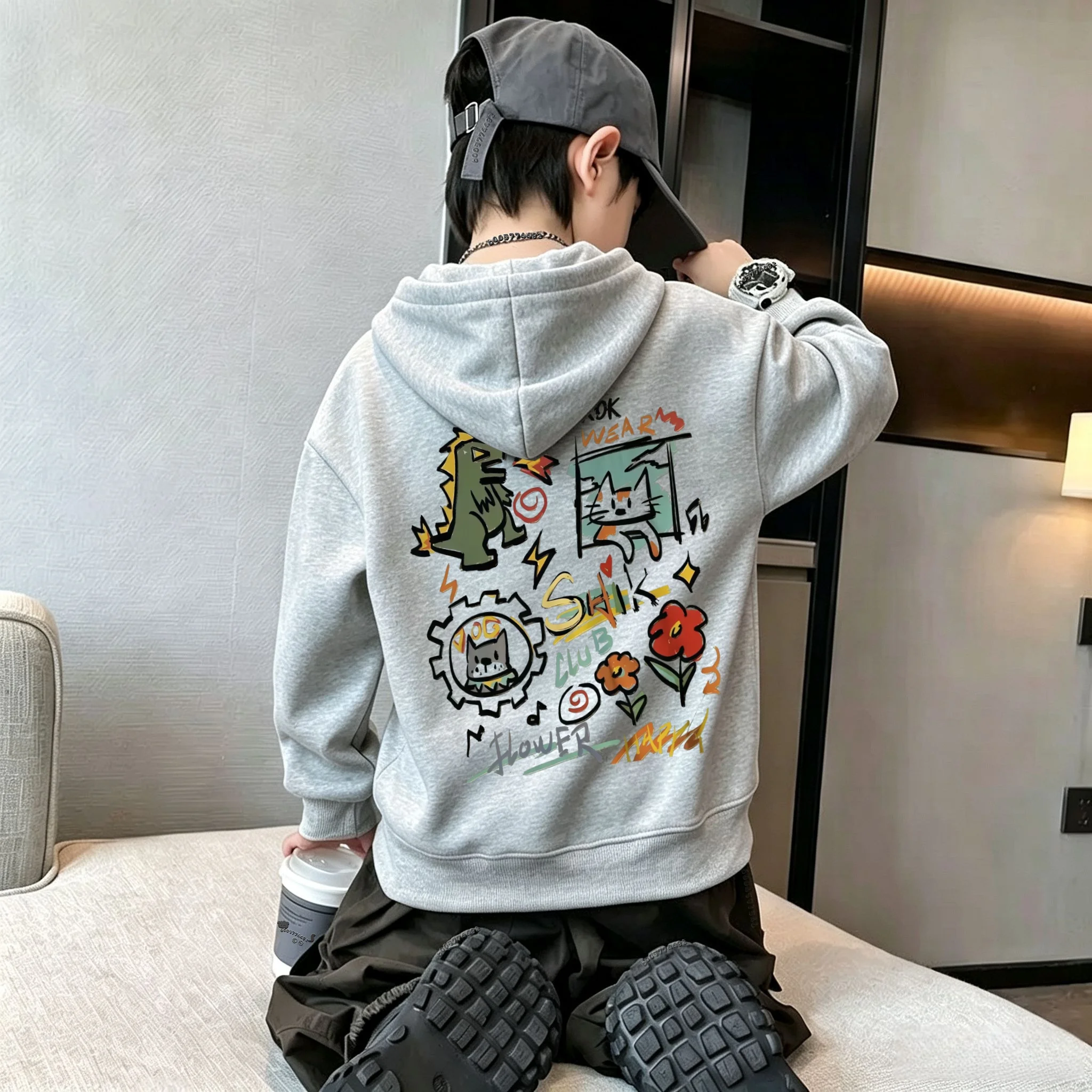 Autumn/Winter New Children's Hooded Sweater Cool Hand-painted Dinosaur, Cat and Flower Graffiti Print Loose Hooded Top
