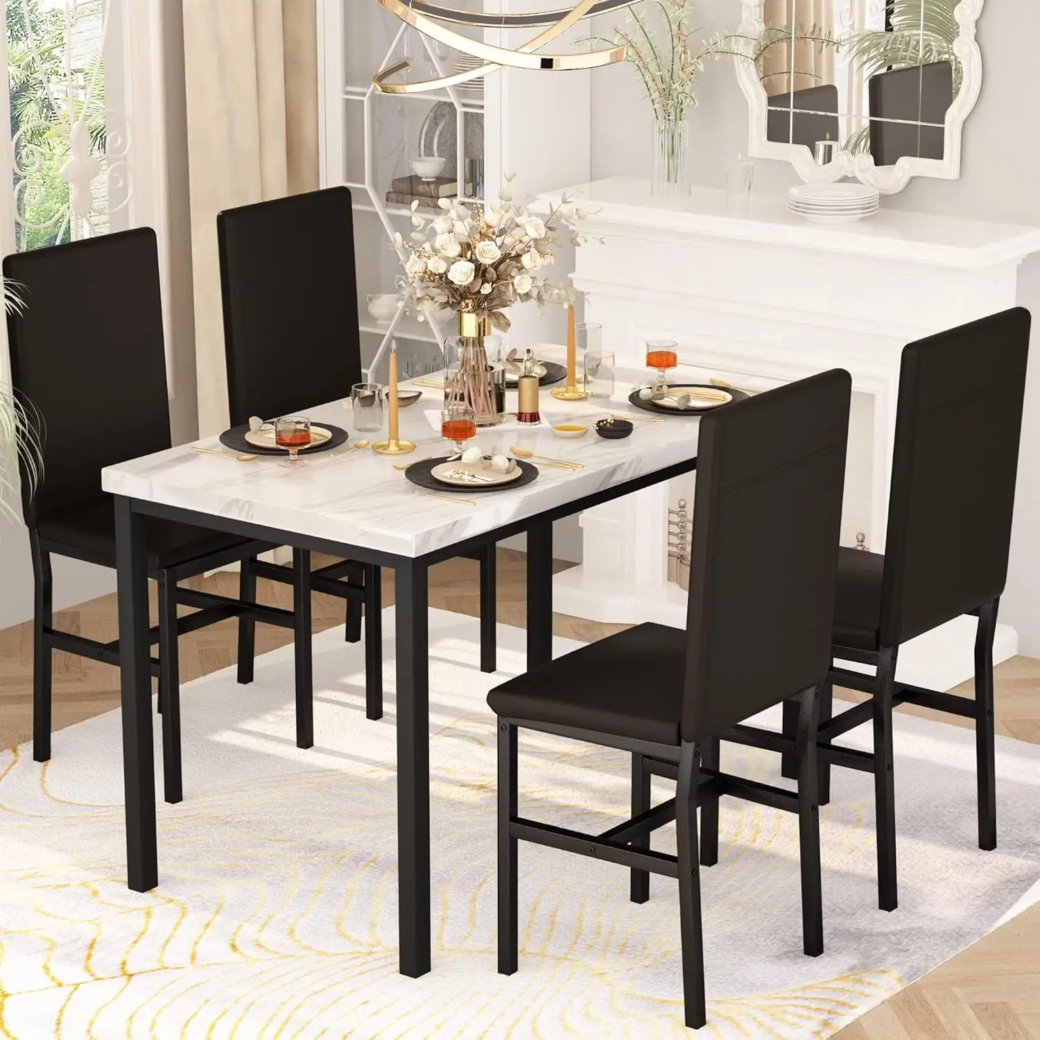 Dining Table Set for 4, White Kitchen Table and Chairs for 4, Modern 5 Piece Dining Room Furniture Table Set with Faux Marble