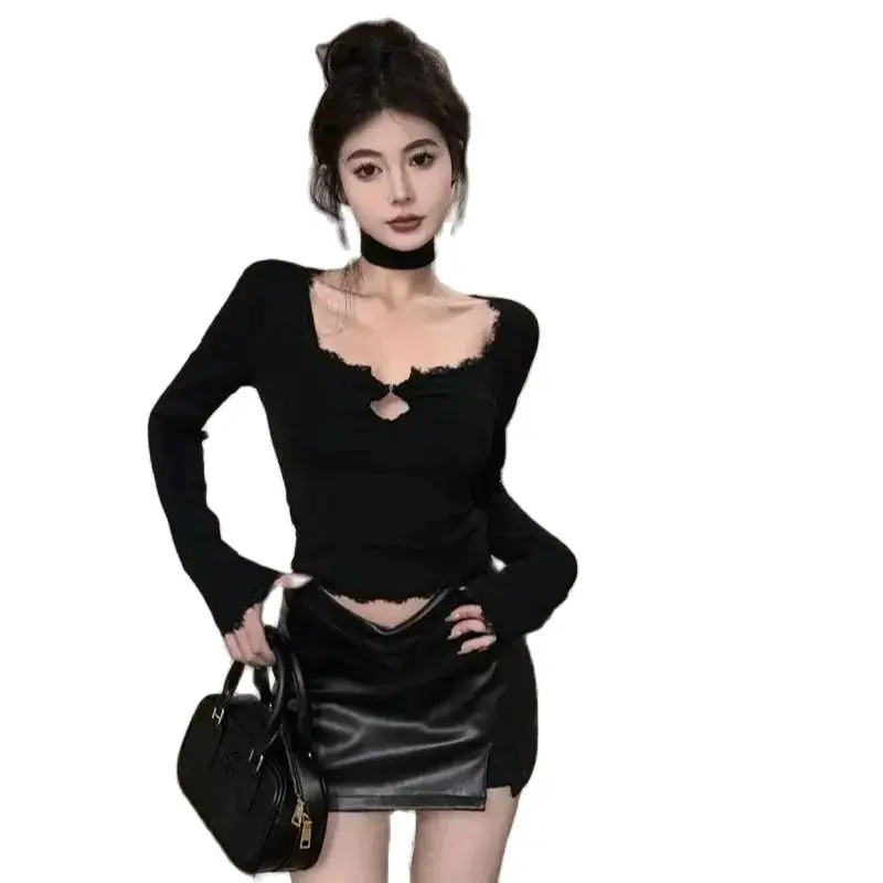 Hollow Lace Neck T-Shirt Out Red Crop Tops Coquette Clothes Spring 2024 Long Sleeve T Shirt Women Clothing Short Pure Desire