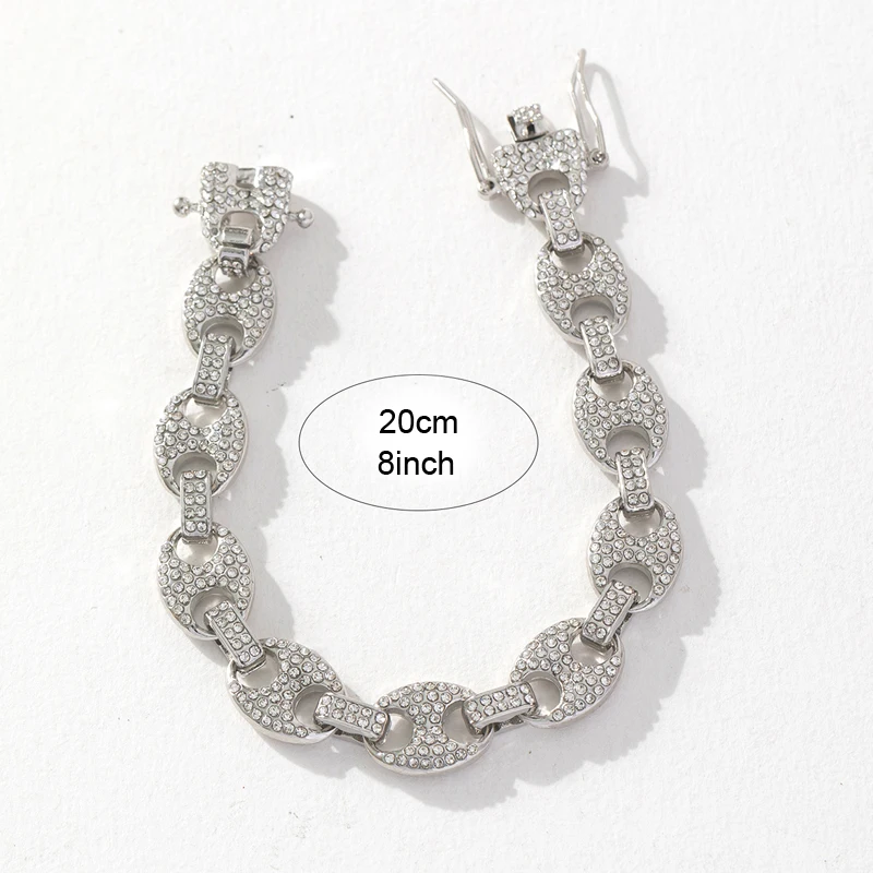 HipHop Men Women 12mm Coffee Bean Cuban Link Chain Bracelet Bling Iced Out Rhinestone Paved Miami Cuban Chain Jewelry