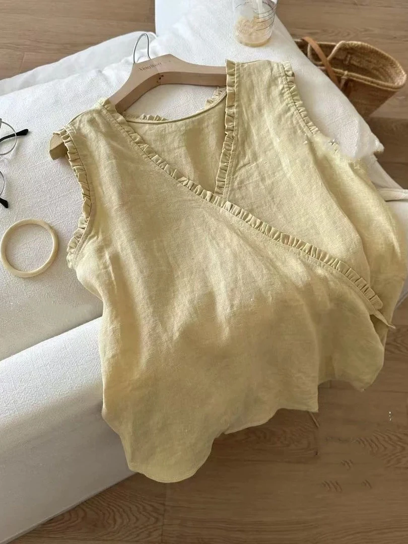 Korean Style V-Neck Design Wood Grain  Sleeveless Shirt Women's Summer New Simple Slimming Top Ins Style Commute Wind