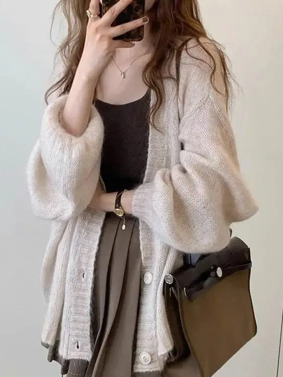 Retro Women's Open Cardigan Sweater Thickened Knitted Outerwear Autumn Winter Loose Fit Casual Style Pure Online Exclusive