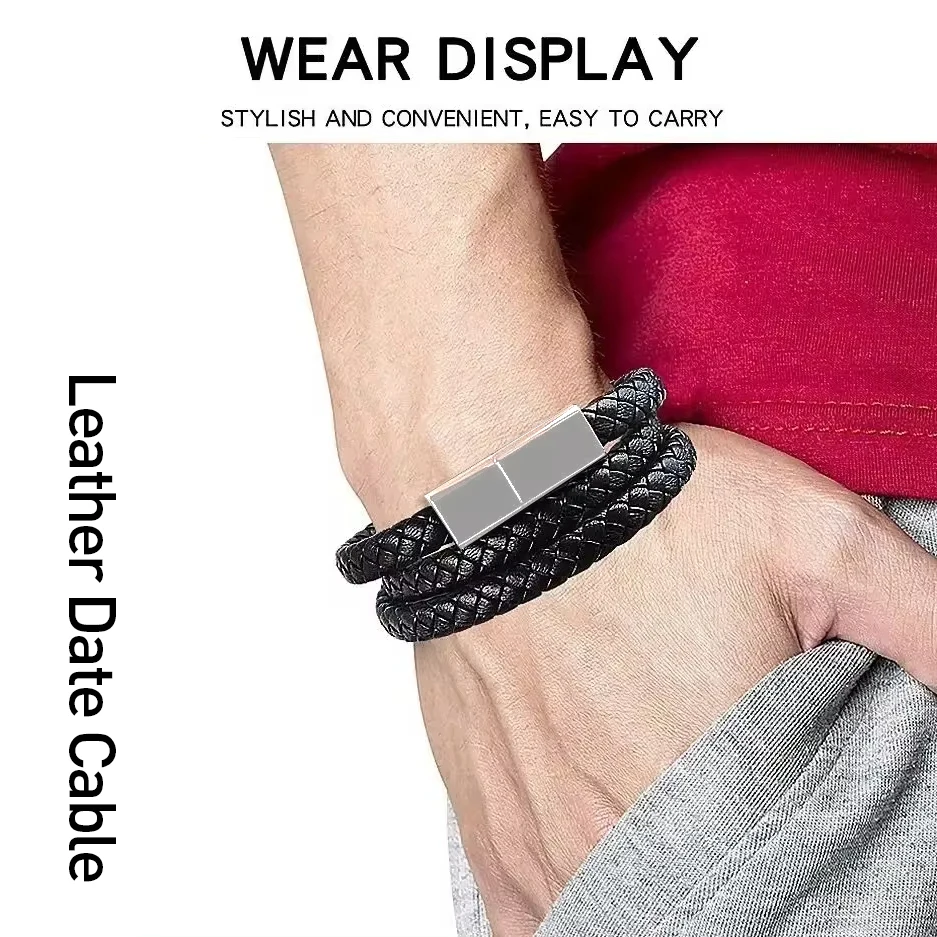 Eonlinne 3D Portable Leather Bracelet Charger Cable Type-c Usb Bracelet Charger Data Charging Cable Bracelet for iphone 15 plus