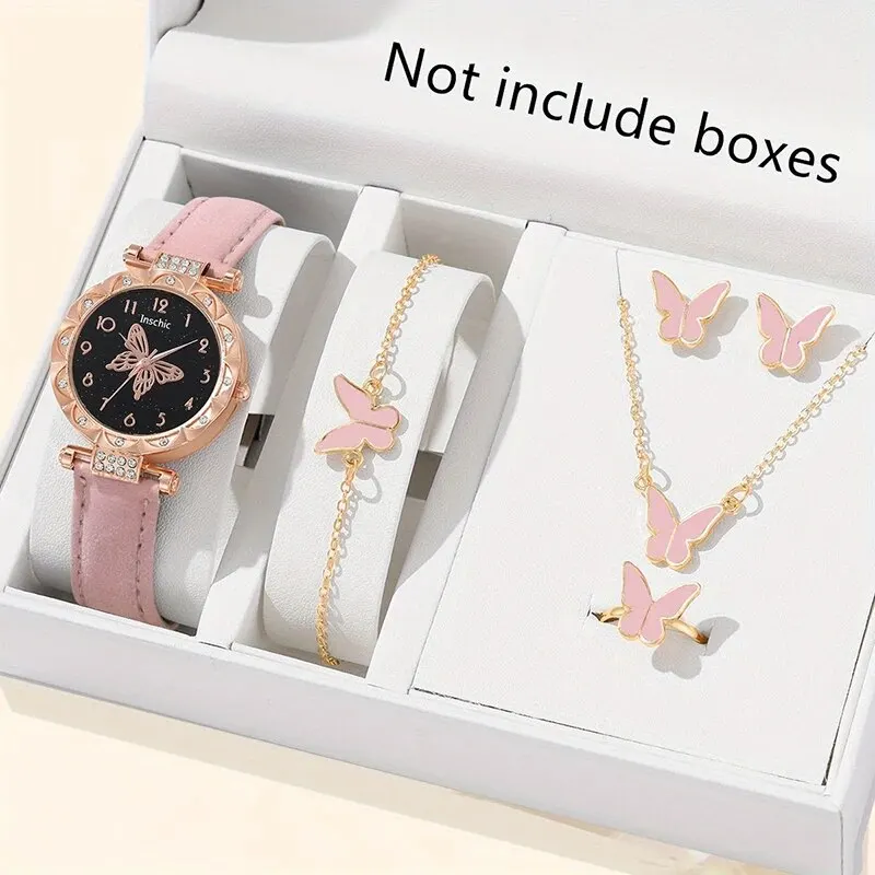 6pcs Sets Women's Fashion Pink Leather Watches Butterfly Dial with Quartz Watch Women Earring Bracelet Necklace Set