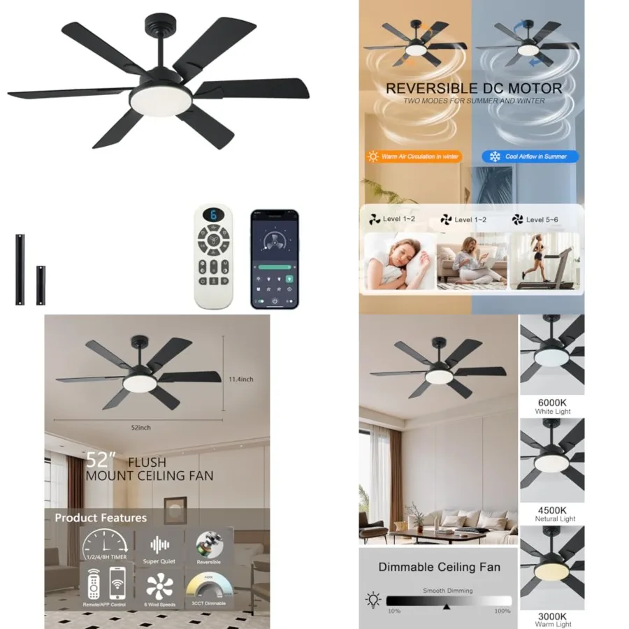 52 Inch Low Profile Ceiling Fan with Lights, Remote and APP Control, 3CCT Dimmable, 6 Blades 6 Speed Ceiling Fans, Quiet Revers