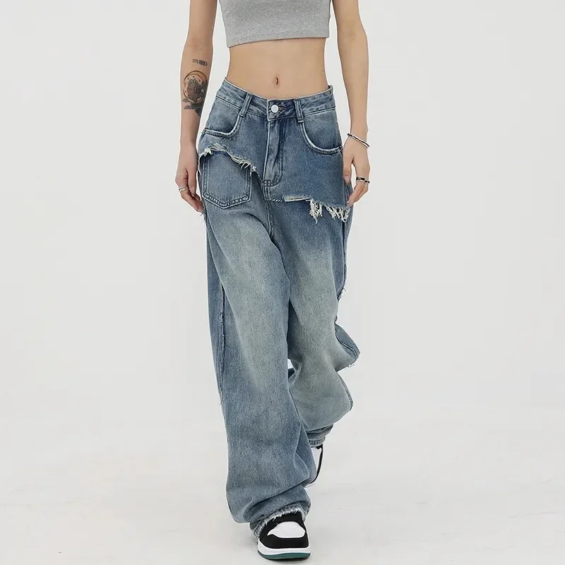 

American Style Design Sensation Straight Tube Torn Jeans For Women 2023 New High Waisted Wide Leg Mop Pants