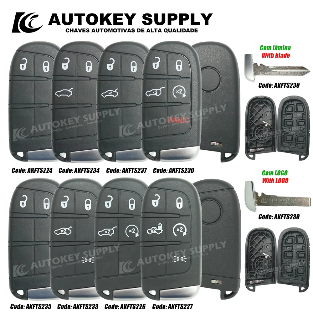 Autokeysupply AKFTS224 2/3/4/4+1/5 pulsanti Smart Key Shell con chiave piccola con logo per Fiat