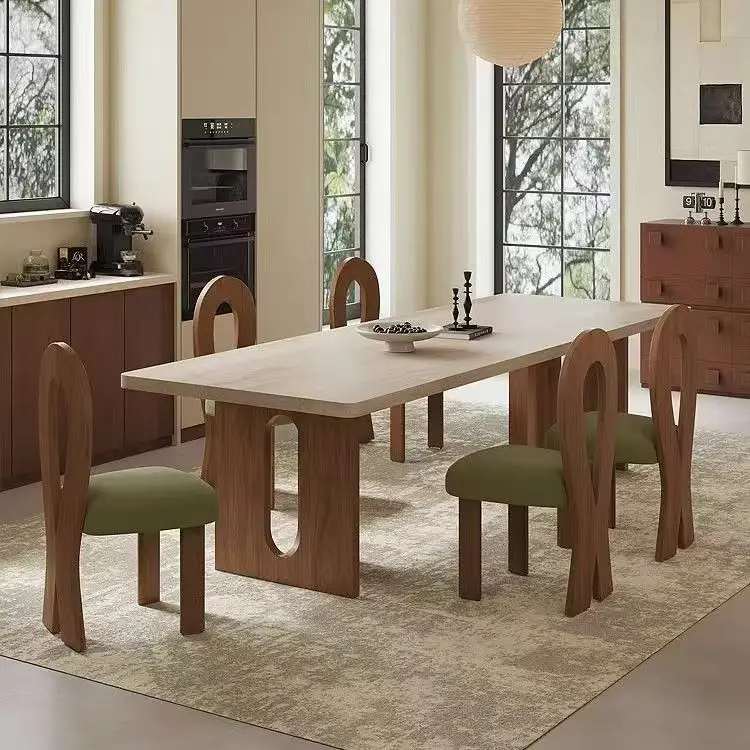 #French Style Solid Wood Extendable Dining Table Set Modern Rectangular Chair Combination Home Restaurant Cafe Use