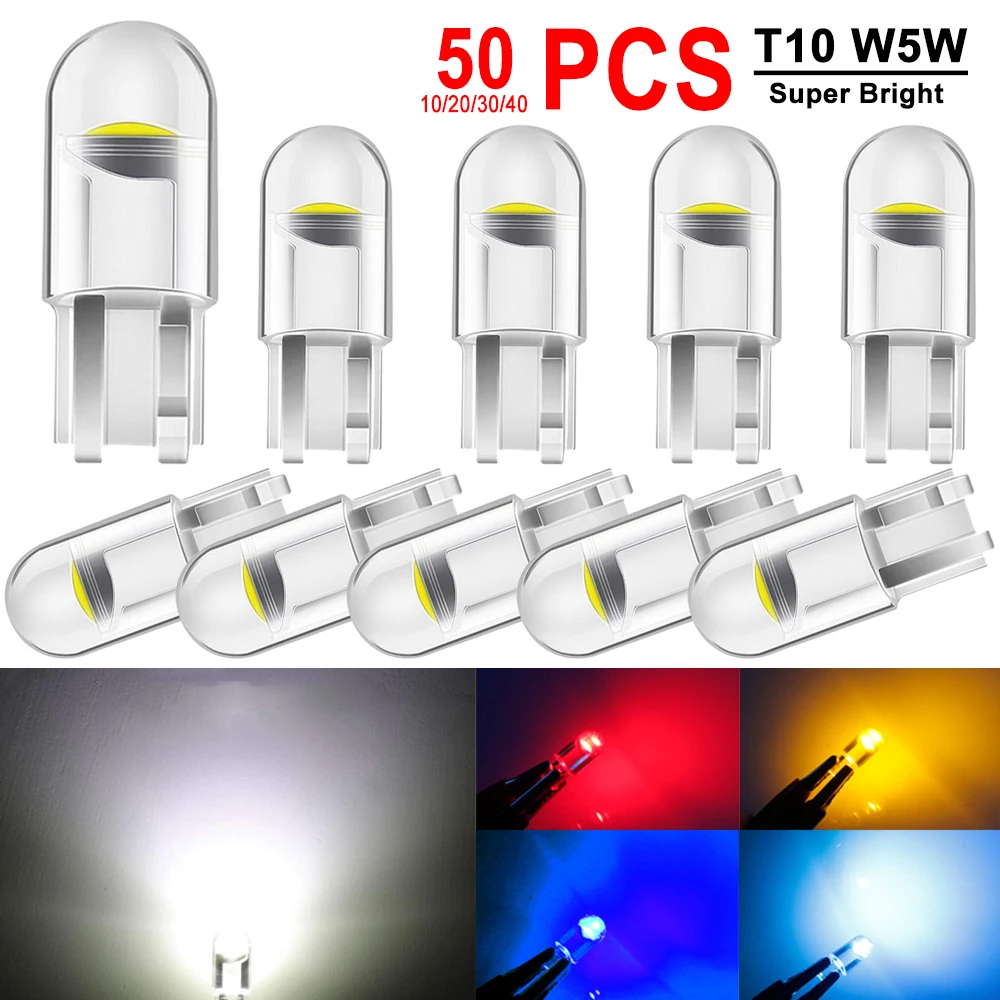 10/20/40/50 PCS T10 W5W LED Bulbs For Car Interior Dome Door Glove Box Trunk License Plate Lights COB 12V White Red Yellow Blue