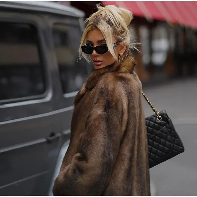 Brown Faux Fur Long Overcoat Long Sleeve Thick Coat Single Breasted Casual Long Overcoat 2024 Autumn High Street Lady Outerwear