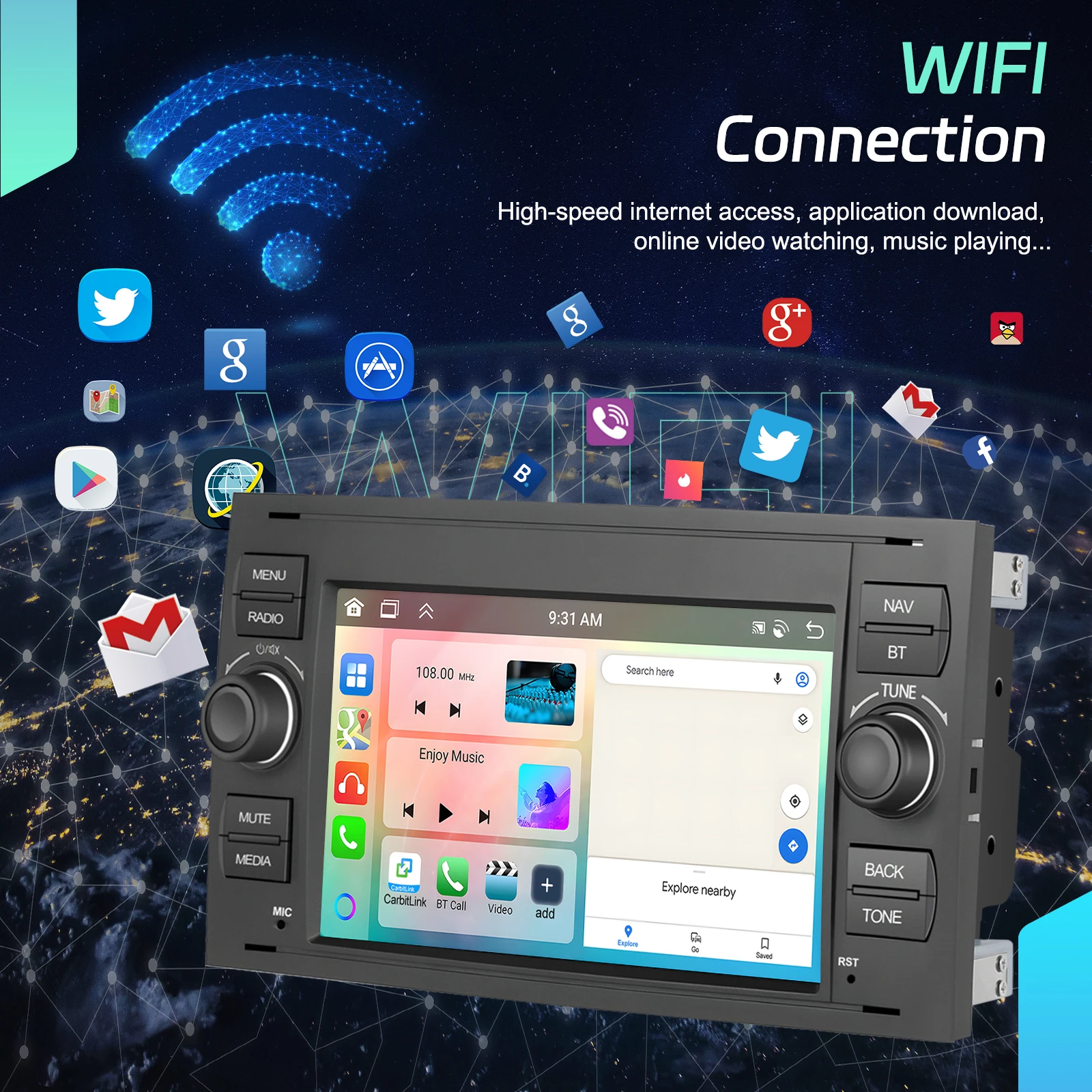 Podofo 7 "راديو السيارة اللاسلكي CarPlay راديو أندرويد لفورد فوكس/مونديو/S-Max Transit/Kuga Connect الوسائط المتعددة نظام تحديد المواقع RDS Autoradio #6