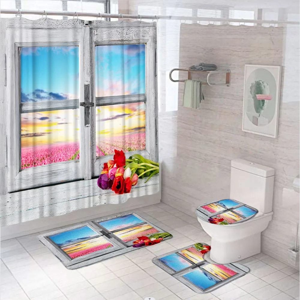 Vintage Wood Window Flower Field Shower Curtain Set Tulip Flowers Scenery Bathroom Curtains Non-Slip Bath Mat Rug Toilet Cover