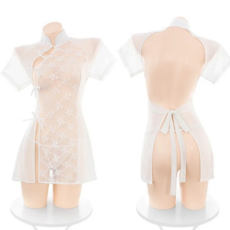 

100 кг плюс размер женское нижнее белье Ципао с открытой попкой ретро традиционное китайское Cheongsam вышитое кружево прозрачное Babydoll