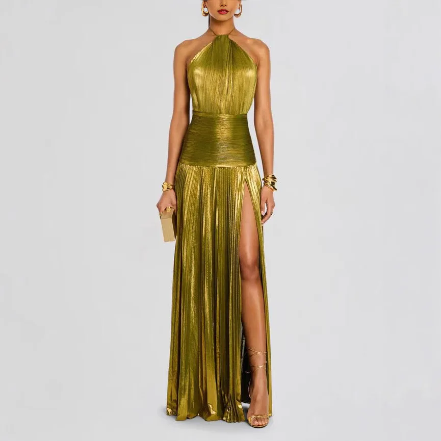 

Gold Halter Neck Evening Dress Woman Chic Solid Color Pleated Backless Package Hip Slit Dress Fashion Trendy Lady Party Vestidos