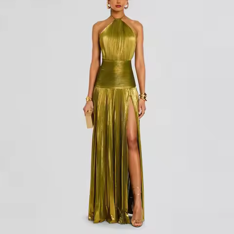Gold Halter Neck Evening Dress Woman Chic Solid Color Pleated Backless Package Hip Slit Dress Fashion Trendy Lady Party Vestidos