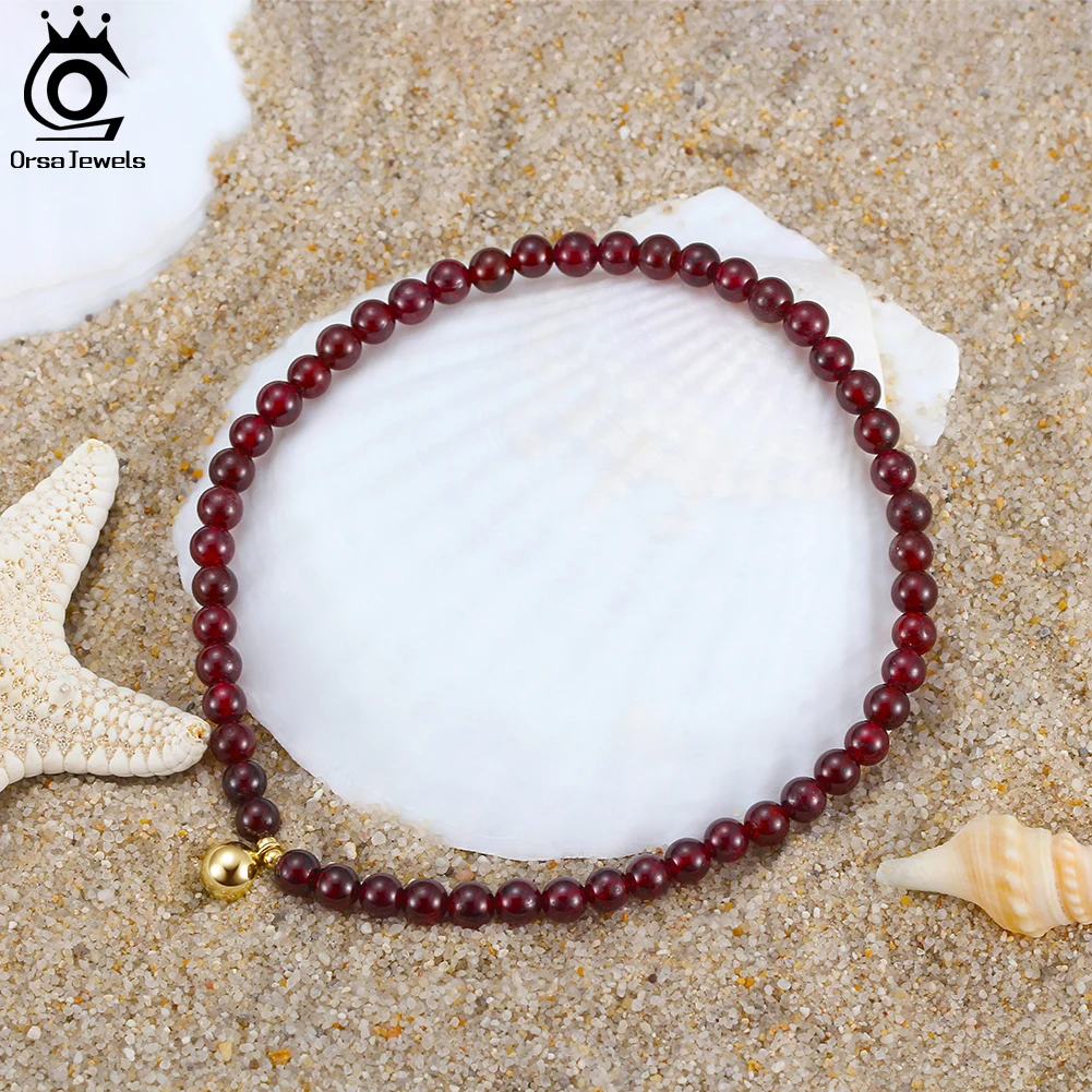 

ORSA JEWELS Garnet Anklets Black Spinel Beads Foot Chain Women 14K Gold Lucky Stone Ankle Summer Barefoot Jewelry Wholesale SA48