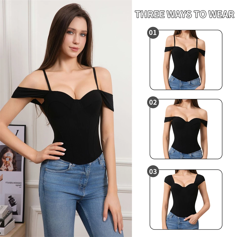 Becirzet Damen Schwarzes Korsett, Drahtloser BH, Sexy Off-Shoulder-Top, Vintage-Fischgrätenmuster, Taillenbetonendes Tanktop – Detail 6