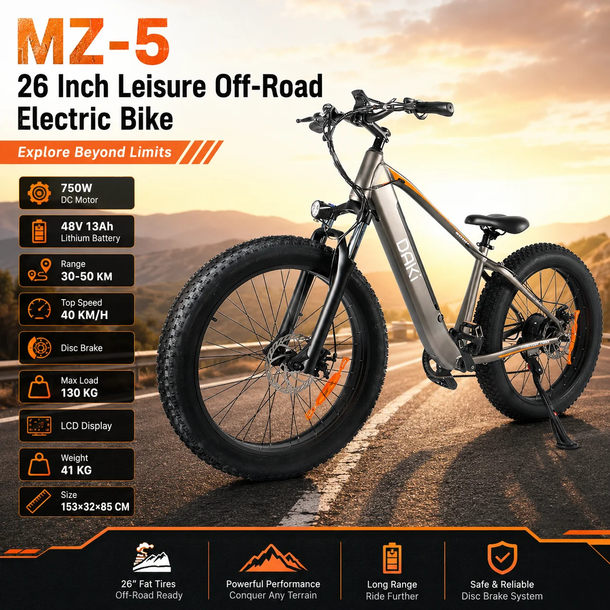 Adult 26 Inch E-Bike Leisure Electric Mountain Bicycle 750W Motor 48V 13Ah Battery 30-50KM Range 40KM/H Speed and Disc Brake