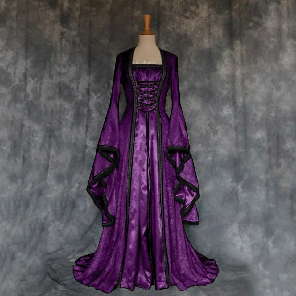 

Gothic Victoria Medieval Vintage Costume For Halloween Cosplay Square Collar Long Batwing Sleeve Patchwork Lace-Up Long Dress