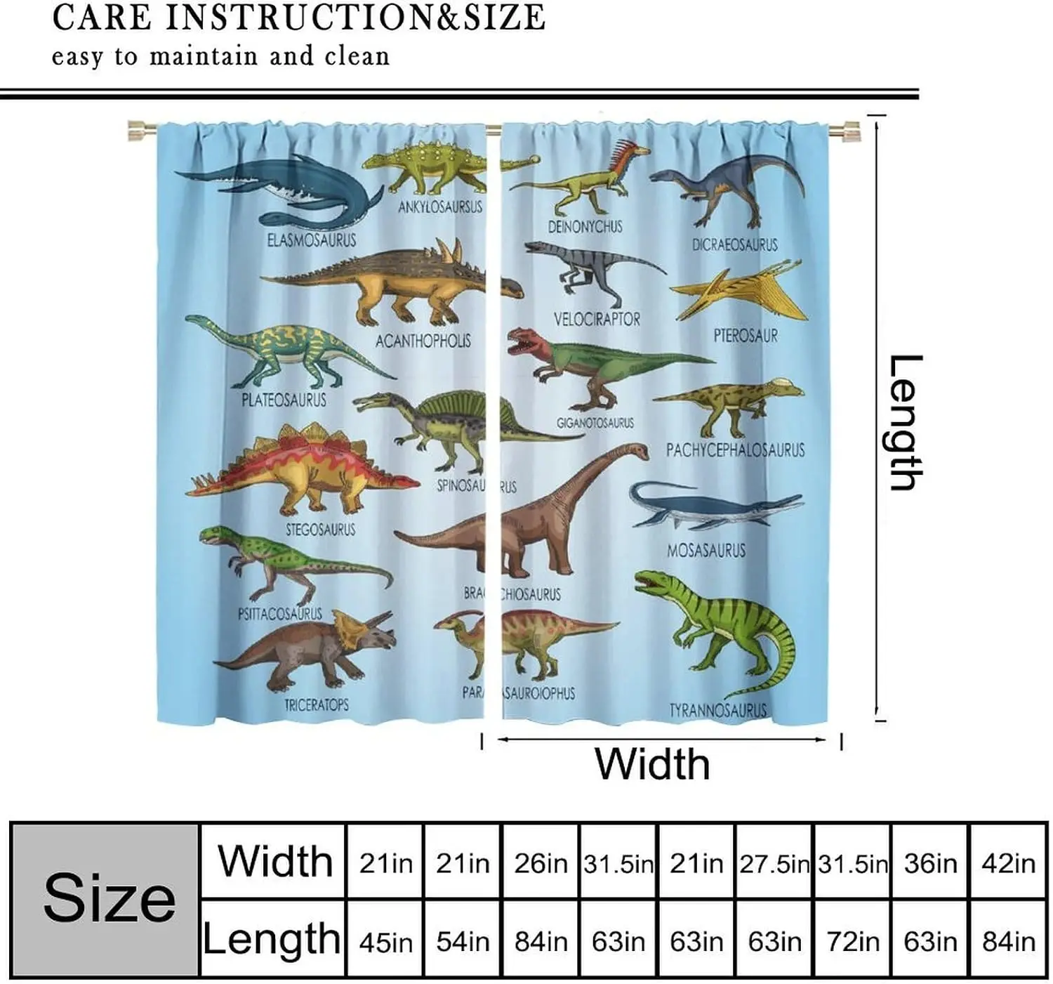2 Panels Dinosaur Chart Curtains Light Blue Background Various Dinosaur Species Name Label Print Window Curtains Kids Bedroom