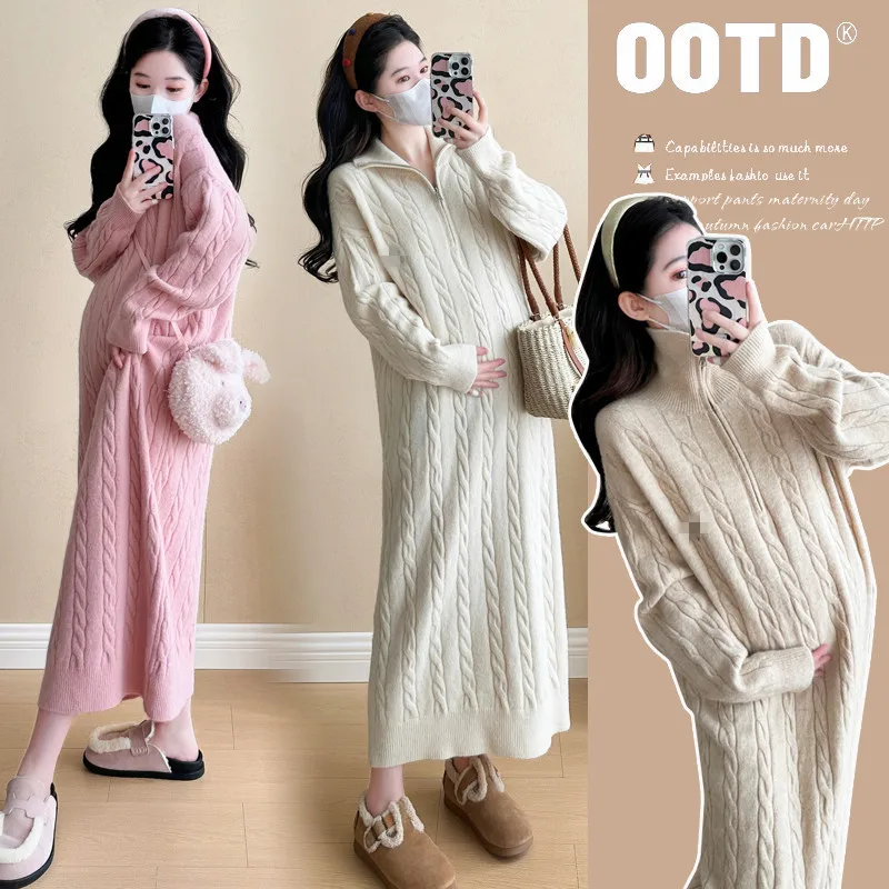 

Cozy Pregnancy Dress Winter Cable Knit Sweater Dress Sweet Soft Zipper Collar Straight Cut Maternity Outfit Comfortable