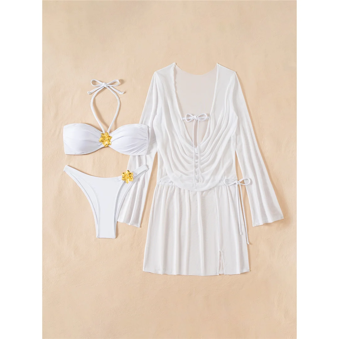 Weißes, verführerisches Kleid mit langen Ärmeln, Bikini, Damen-Badeanzug, Damen-Bademode, dreiteiliges Bikini-Set, Badebekleidung, Badeanzug, Modell V7828. – Detail 4