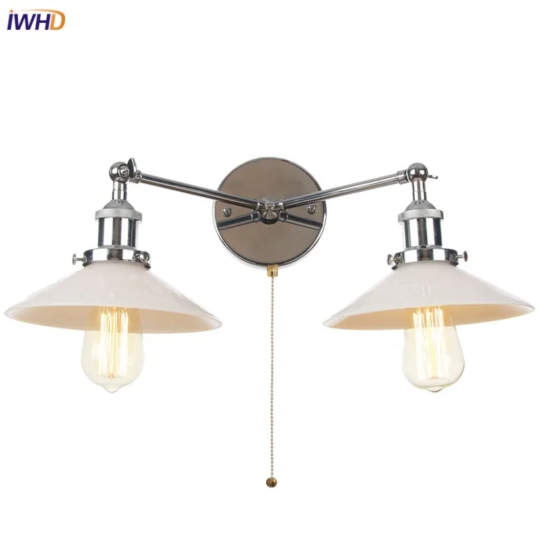 

IWHD Chrome 2 Heads LED Wall Lights Sconce Pull Chain Switch Coffee Bar Bedroom Lamp Glass Industrial Loft Bathroom Mirror Light