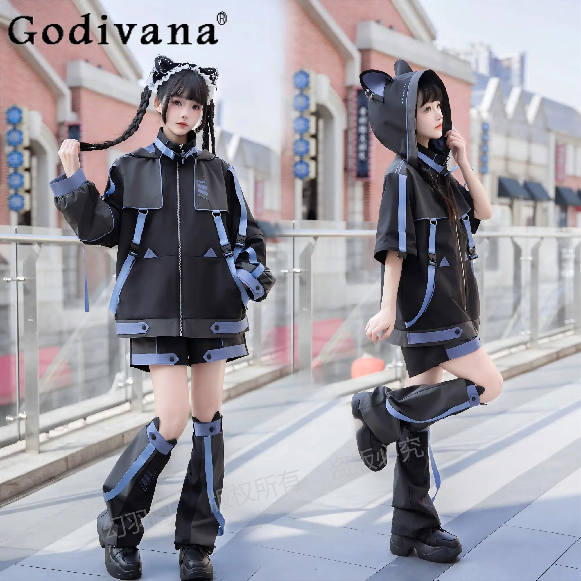 Original Subculture Mass-produced Mine Y2k Clothes Set Spring Women's Loose Zipper Hooded Jacket + Short Leg Cover 3 Piece Set