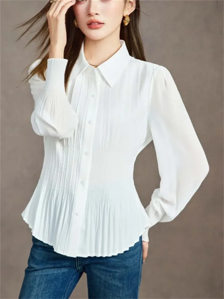 Ladies White Shirt Waist Cinching Top Vertical Pleated Blouse Long-sleeved Chiffon Shirts POLO Button Up Shirt Female Blous
