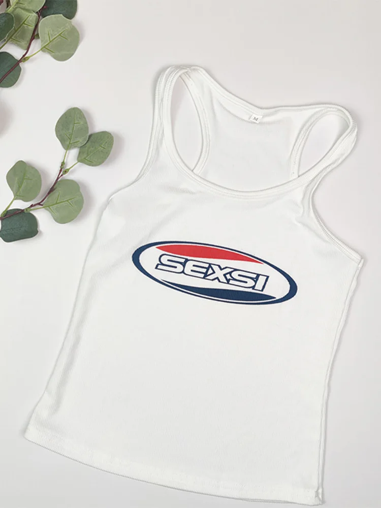 American retro letter printed I-shaped vest with thread, slim fit, short style, spicy girl, sleeveless inner strap