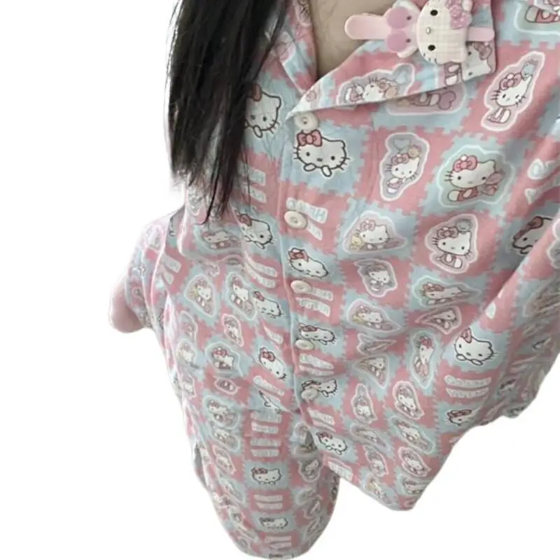 Ragazza Home wear microvilli hello kitty kawaii Cartoon Student Casual primavera autunno cardigan con risvolto Loungewear set pigiama nuovo caldo