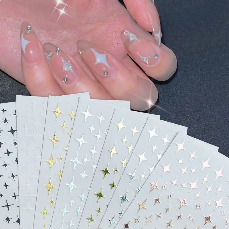 Adesivo per unghie da 8 pezzi Adesivo adesivo stella a quattro punte, laser oro, argento, bianco e nero, adesivo per unghie, adesivo per nail art