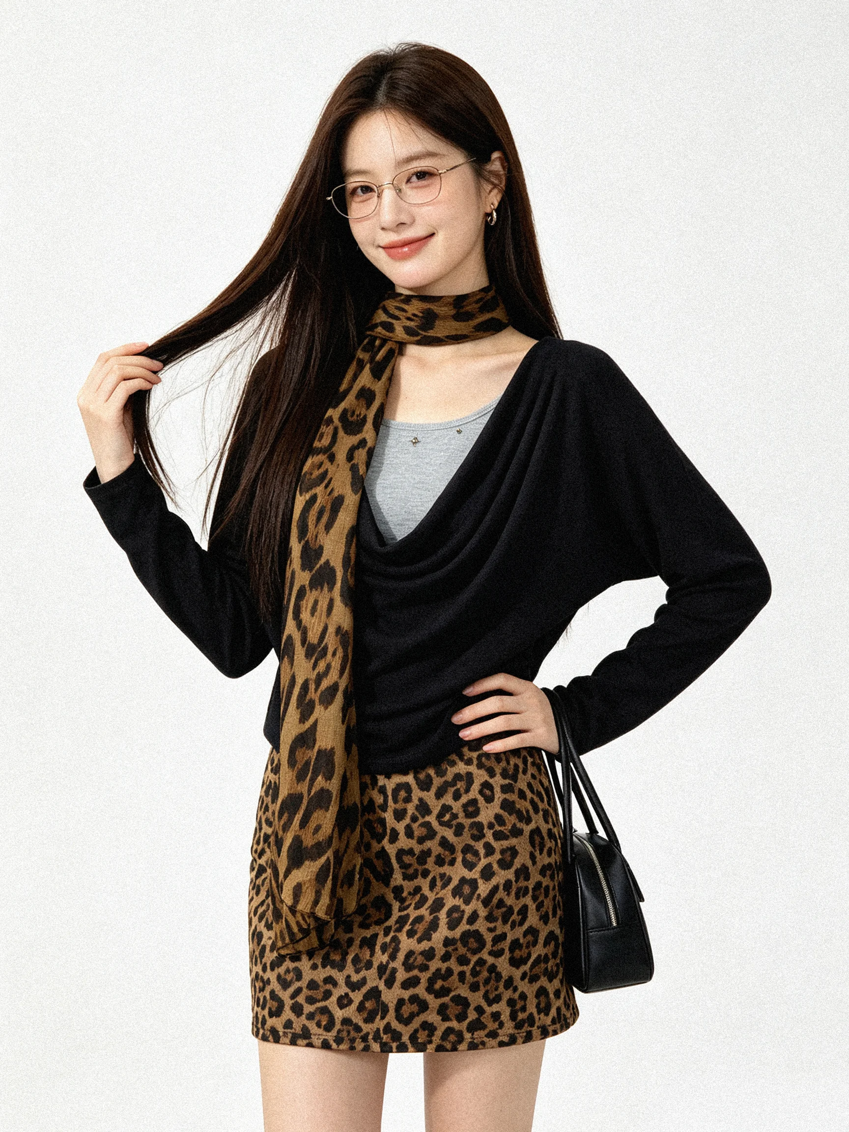 Retro Early Autumn Leopard Print Sash Swinging Neck High Knitwear Soft Slimming Atmosphere Top Fake Two-Piece Ladies T-shirt