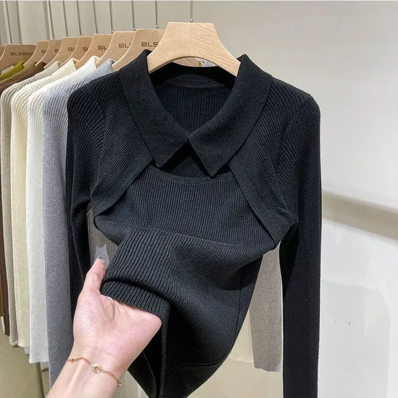 Polo Collar Hollowe Knit Pullover Hotsweet Women Long Sleeve Slim Top Casual Thin Sweater SolidColor Undershirt Office Lady Fall