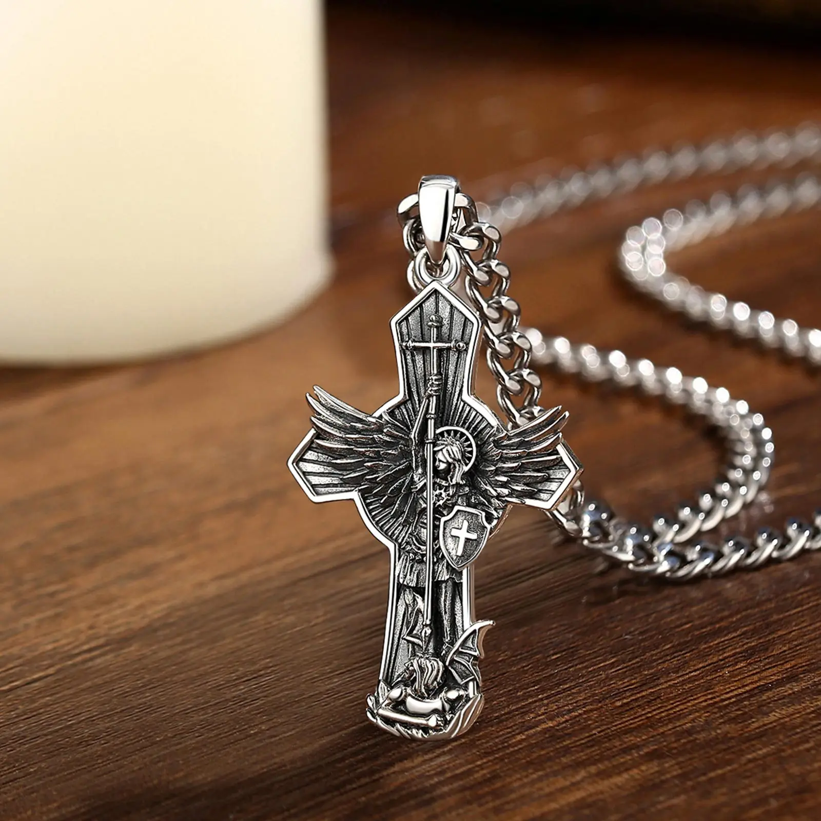 يودورا جديد 925 فضة سانت مايكل رئيس الملائكة قلادة للرجال النساء خمر الجناح الصليب قلادة مجوهرات الدينية هدية